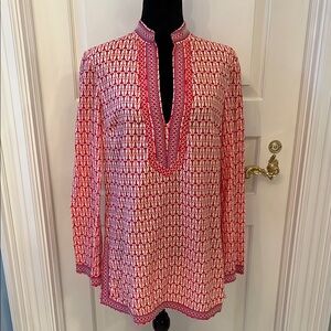 Red and White Patterned Women's Top